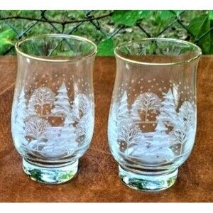 2 -  Vintage Arby's Libbey Frosted Winter Etched Trees Tumblers Gold Rim 5 1/4"
